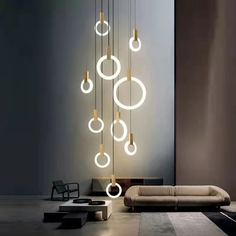 Ziemeļvalstu Mūsdienu Kāpņu LED Apgaismojums Lustra dzīvojamā istabā, Guļamistabā Griestu Lampas Kulons Akrila Gredzeni ķermeņi, Koka dekors gaismas Attēls 3