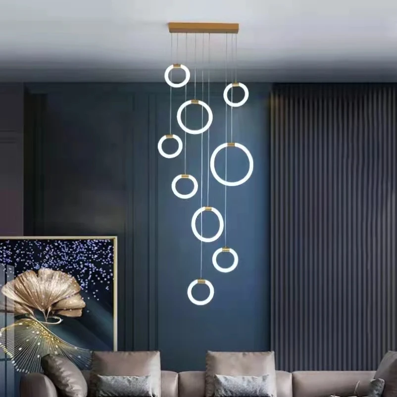 Ziemeļvalstu Mūsdienu Kāpņu LED Apgaismojums Lustra dzīvojamā istabā, Guļamistabā Griestu Lampas Kulons Akrila Gredzeni ķermeņi, Koka dekors gaismas Attēls 5