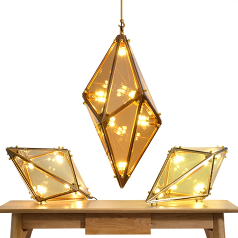 Ziemeļvalstu stikla piekariņu gaismas Led pastu modernu apgaismojumu restorāns Rhombic Polyhedron Lampas Dizainers Apturēšanu chrome kulons gaismas Attēls 2