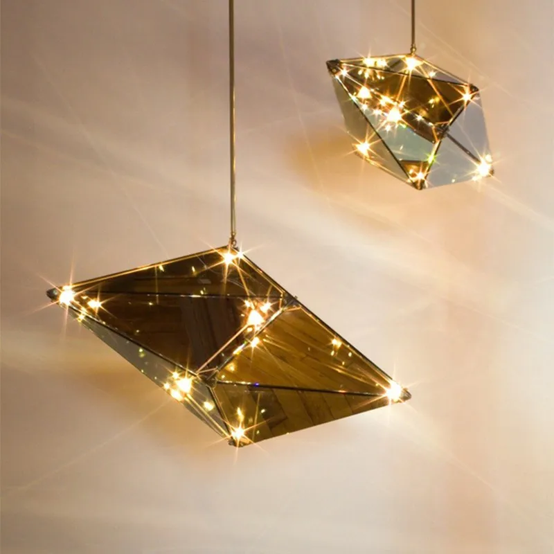 Ziemeļvalstu stikla piekariņu gaismas Led pastu modernu apgaismojumu restorāns Rhombic Polyhedron Lampas Dizainers Apturēšanu chrome kulons gaismas Attēls 4