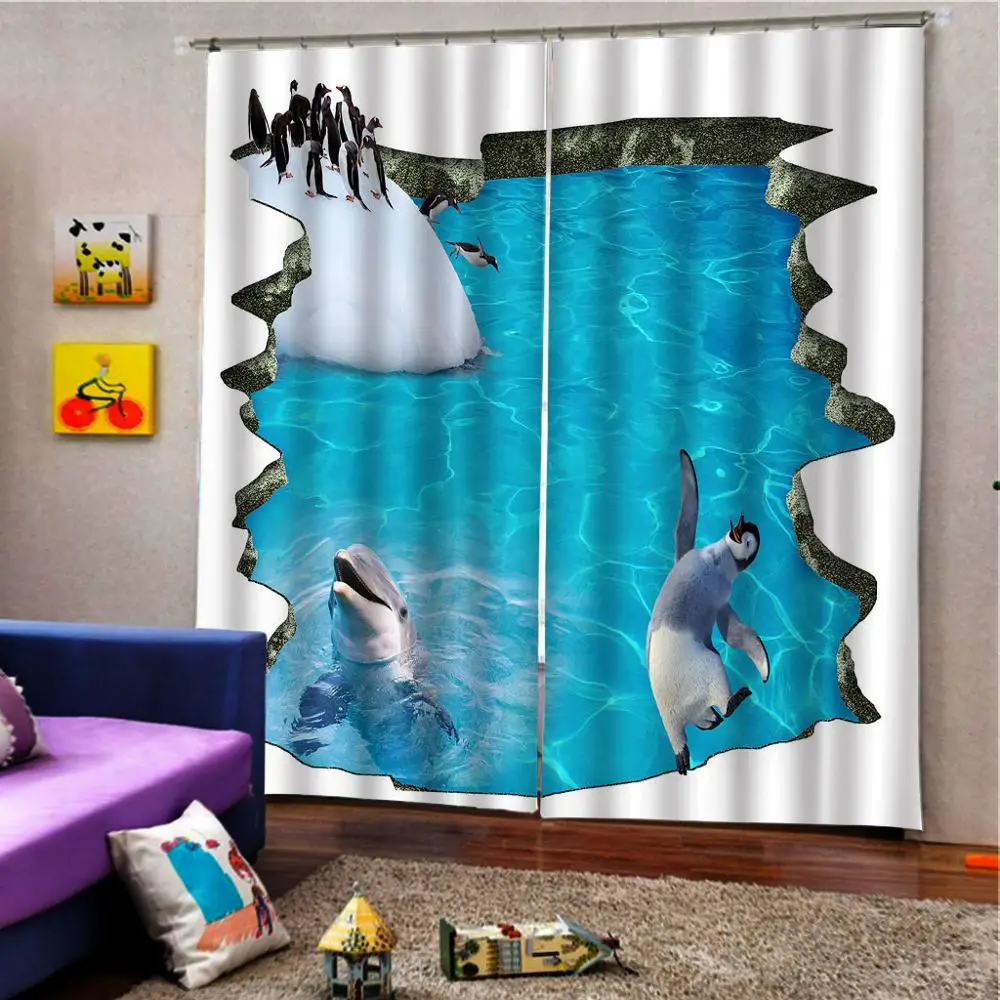 Zila 3D Aizkaru Luksusa Blackout Logu Aizkaru Dzīvojamā Istaba okeāna zemūdens delfīnu aizkari Attēls 1