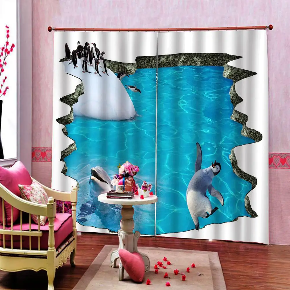 Zila 3D Aizkaru Luksusa Blackout Logu Aizkaru Dzīvojamā Istaba okeāna zemūdens delfīnu aizkari Attēls 2