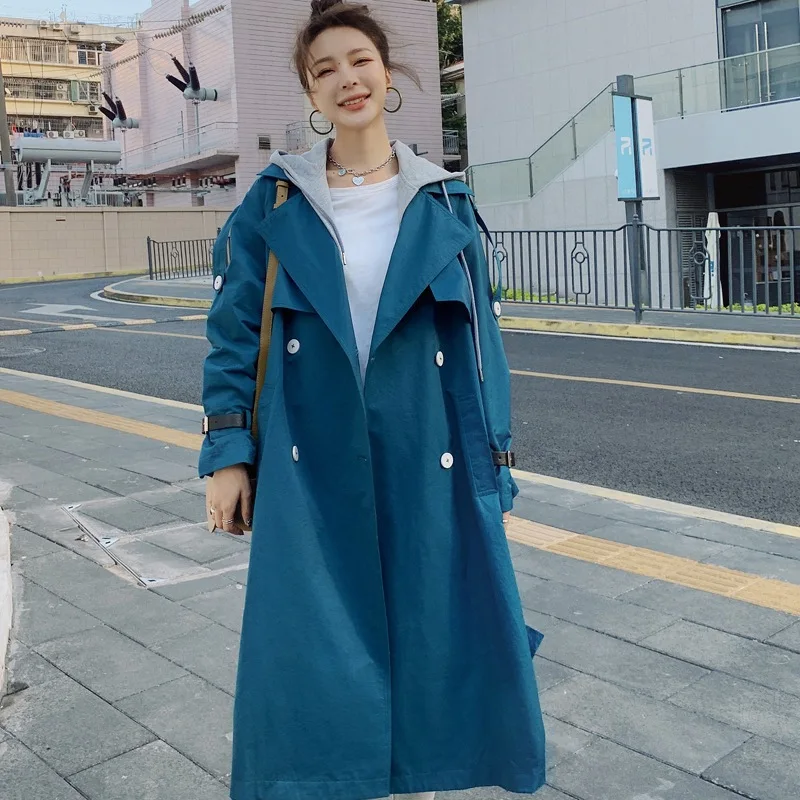 Zila Vējjaka Female2021spring Rudens Jaunas Noņemamu Kapuci korejas Modes Zaudēt Garu Taisnu divrindu Sieviešu Coat1H Attēls 1