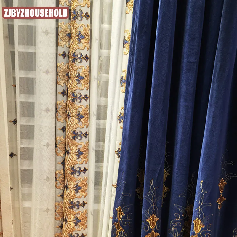 Zilā Lāzera Aizkaru Dzīvojamā Istaba Needlepoint Izšūti Eiropā Ziedu francijas Logu CurtainsTulle Virtuves, Guļamistabas Attēls 1