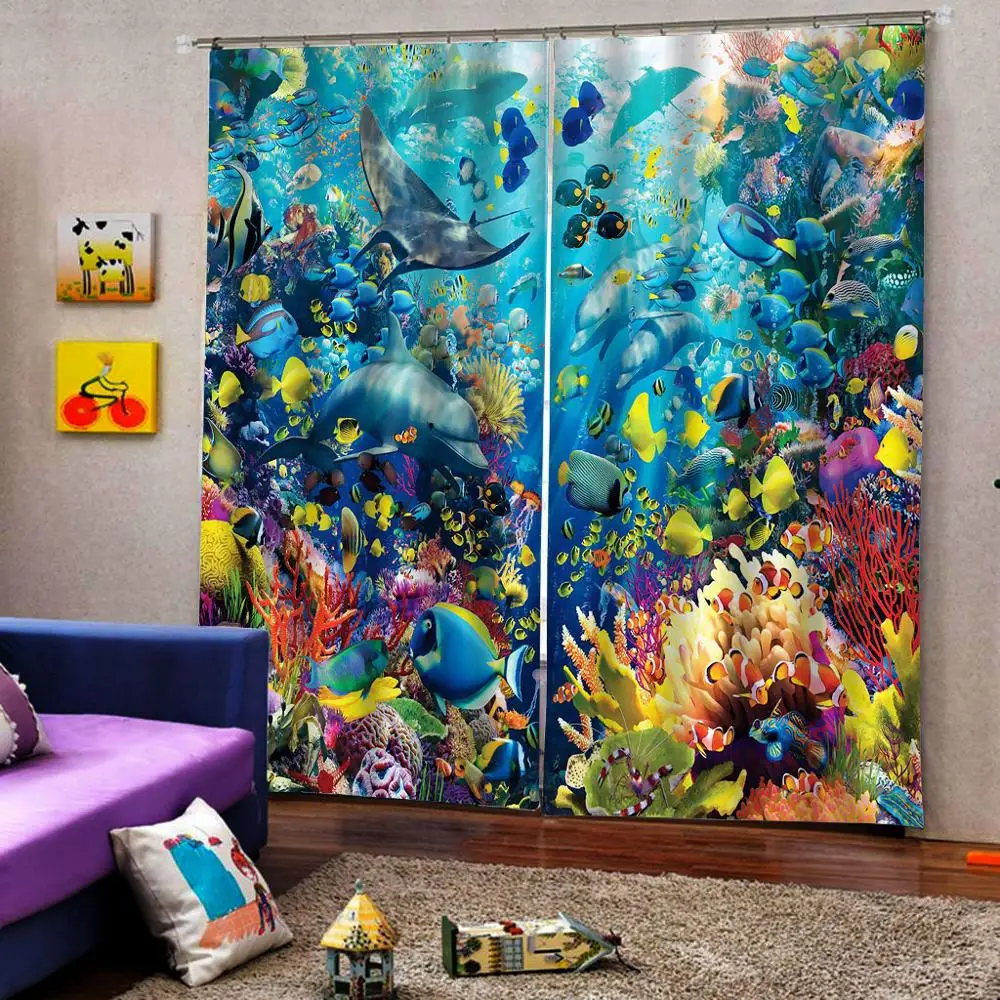Zilā okeāna aizkari bērniem aizkaru Guļamistaba 3D Logu Aizkaru Luksusa dzīvojamās istabas rotā Cortin Attēls 3