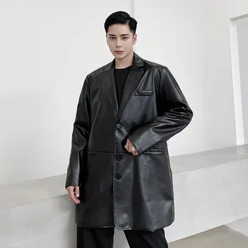Vīriešu Japāna Korejas Stila Streetwear Gara žakete Virsdrēbes Vīriešiem Vintage Modes Gadījuma PU Ādas Uzvalks Bleizeri, Žaketes 1