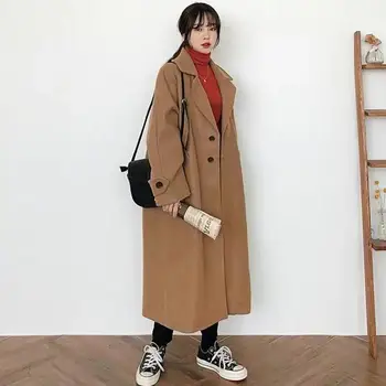 Sieviete, Garš Mētelis Modes Korejas Preppy Stils, Retro Universāls Vējjaka Gadījuma Silts Vilnas Mētelis Lielajam 2021. Gada Pavasara Mētelis Sievietēm
