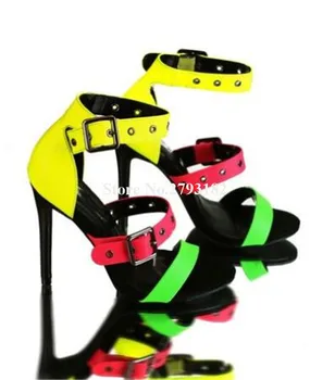 Vasaras Jaunā Modes Sieviešu Open Toe Jauktas krāsas Duncis Papēdi Sandales Izkaisītas Metāla Sprādzes augstpapēžu Sandales Kleitu Papēžiem 1