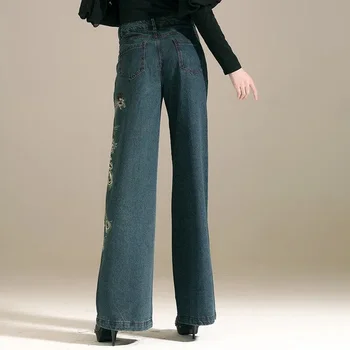 Sieviešu Izšūti Plaša Kāju Džinsi Ilgu Rudens Augsta Vidukļa Sieviešu Džinsa Bikses Streetwear Gadījuma Zaudēt Dāmas Bikses Gruntis