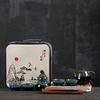 Keramikas Kungfu Tējas Komplekts Portatīvo Ceļojumu Teaset Ar Tējkannu Tējas Katlā Apakštasītes Un Ceļojumu Soma, Kas Piemērota Ģimenes Ceļojumu Āra 2021 1