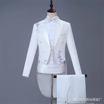 Balts vīriešu smokings uzvalks, kas ar bikses vīriešu kāzu tērpi, jaunas ielidošanas slim formālu kleita vīriešu līgavainis uzvalku dziedātāja skatuves dimanta 1
