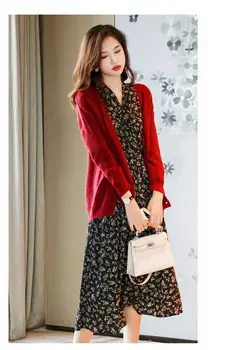 Jauna Rudens Temperaments Hepburn Stils Ziedu Kleitu 2 Gabals Uzvalks V Kakla Trikotāžas rudens Modes Apģērbu ar Kabatas Sievietēm ir 2021.