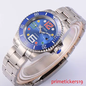 40mm Bliger blue dial keramikas bezel safīra stikls datums automātiskā kustības mens watch 1
