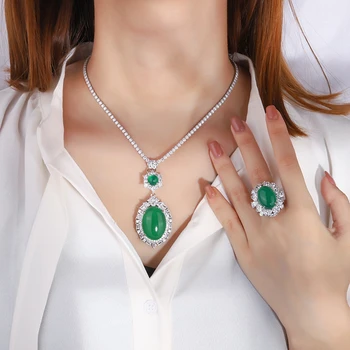 Shipei Vintage 925 Sterling Sudraba Ovāls Emerald Izveidota Moissanite Jade Dārgakmens Gredzenu/Kulons/Kaklarota Noteikt Vairumtirdzniecības Rotaslietas
