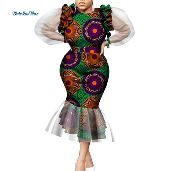 Dashiki Āfrikas Drukāt Kleitas Sievietēm Bazin Riche Ankara Laternu Piedurknēm ar Mežģīņu Kleitas Tradicionālo Āfrikas Apģērbu WY4674 1