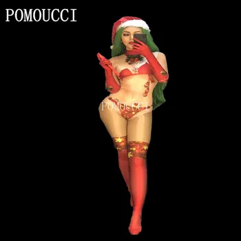 Sieviešu Jaunā Seksīgā Ziemassvētku Stilā Sarkanā Bodysuit 3D Iespiesti Jumpsuit Naktsklubs Puses Posmā Valkā, Dejotāju, Dziedātāju Parādīt Valkāt Stulpiņi Komplekts 1