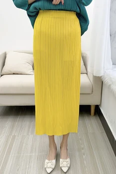 Miyake kroku ilgi svārki dzeltena slim pamata Hip Svārki Ir 2021. Vasaras jaunā modes folda gadījuma cietā svārki sievieti 1