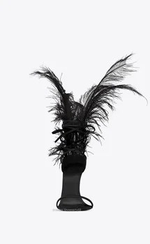 Modes Melnu Spalvu Spārni Sandales Plānas Augstiem Papēžiem Sandalial Mežģīnes Up Strausu Spalvas Potītes Siksnas, Sūkņi Puse Sieviešu Zapatos Mujer 1