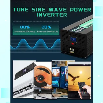5000W pure sine wave power inverter 12V DC uz 110V AC, ar bezvadu tālvadības pults, LCD displejs, 1 USB ports un 4 MAIŅSTRĀVAS kontaktligzdas