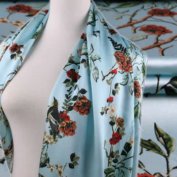 Eiropas zīmolu zilu ziedu un putnu drukāšanas 19mm zīda stiept satīna auduma kleita cheongsam krekls roku darbs apģērbu audums