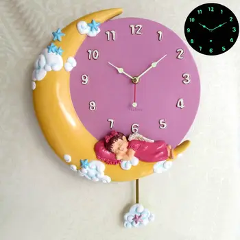 Cute karikatūra little angel bērnu telpu dekorēšana, Gaismas sienas pulkstenis Skaistu mēness šūpoles klusums pulkstenis 1