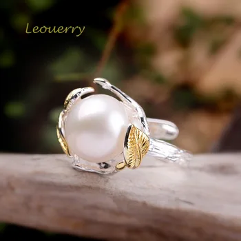 Leouerry 925 Sterling Silver Pearl Gredzens Vienkāršs, Elegants Lapu Pearl Atvērt Gredzeni Sieviešu Modes Rotaslietas Dāvanu