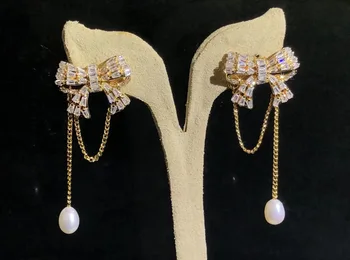 Bowknot 18k Zelta Auskari Sievietēm Pērle Kulons Auskari Eiropas un Amerikas Vintage Luksusa Rotaslietas Vairumtirdzniecības Kristāli 1