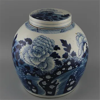 6 Antīko QingDynasty Roku darbs porcelāna podu,zilās un baltās Peonijas burka ,ar Roku apgleznotus amatniecība,labākais vākšanu& rota