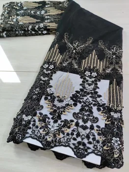 Jaunākās Dizaina Black modes Nigērijas Āfrikas Mežģīņu Auduma High-End Peldošo Ziedu Izšuvumi franču Tilla Mežģīnes Auduma Puse