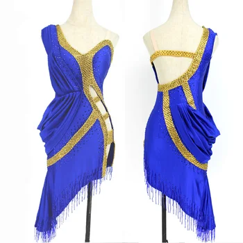 Jauns Latīņamerikas Deju Kleita Sexy Veicot Drēbes Kleita Sievietes Puses Rhinestone Deju Konkurss Tērpa Bārkstis Svārki Zilā Kleita 1