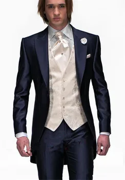 Tumši zila vīriešu uzvalki lakatu, atloks, divi gabali, kas pielāgoti oficiālu tuxedos kāzām līgavainis vienu pogu balli komplekti (jaka+bikses) pirkt \ Tērpi & Bleizeri ~ www.xenydancestudio.lv 11