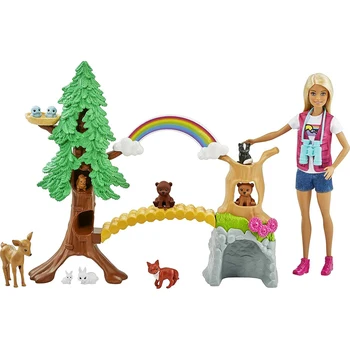 Barbie Tuksnesī Explorer Playset Meža Dzīvnieku Pētnieks Ar 10 Dzīvniekiem Spēlēt Māja Rotaļlietas Meitenēm Dzimšanas dienas Dāvanu GTN60 1