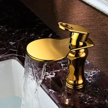 Augstas kvalitātes luksusa cietā misiņa zelta pabeidzis vannas istabas izlietne ūdenskritums jaucējkrāns zelta baseinā, Karstā un aukstā ūdens maisītājs tap jaucējkrāns 1