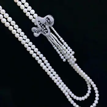 Rokām mezgloti 95-100cm noble 2strands 7-8mm balta saldūdens pērļu mikro kastīšu zircon piederumi pērle, kulons, kaklarota 1