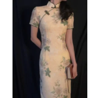 Ilgi Qipao Sieviešu 2022 Vasaras Elegants Ķīniešu Stila Ziedu Drukāt Cheongsam Vintage Tradicionālo Tērpu Modernu Slim Kleita Apģērbs 1
