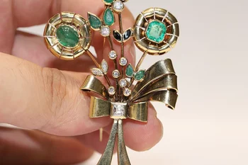 Veco Oriģinālo Vintage 18k Zelta Dabas Dimanta Un Smaragds Pārsteidzošs Ziedu Stils Spēcīgu Brooche