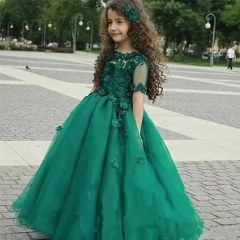 Zaļā Meitene Grezna Kleita Vintage Arābu Milzīgais Tilla Īsām Piedurknēm Cute Princese Puse Puķu Meitene Skaista Kleita Mazs Bērns