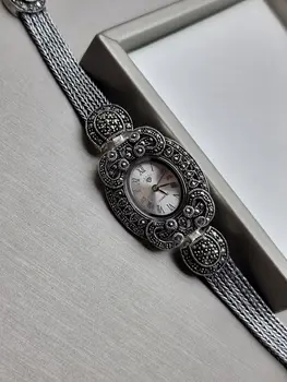 Serebro hasavyurt pulksteņi, sieviešu rokas pulkstenis, kas izgatavots no 925 sudraba ar roku marcasites