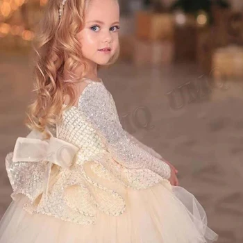 Puķu meitene kleitas luksusa mežģīņu piedurknēm ilūziju šampanieti frēzēšana princese grīdas-garums tilla o-veida kakla bērni puse kleita h211 pirkt \ Kāzu Kleita ~ www.xenydancestudio.lv 11