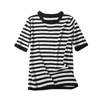 Vasarā Kokvilnas T-krekls Sievietēm, Apģērbu korejiešu Stilā, O-veida kakla Svītrainām Īsām Piedurknēm T-krekli Sieviete Gadījuma Pamata Krekls Top 1