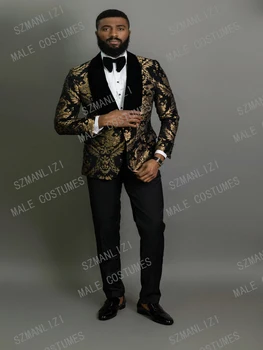 Pasūtījuma Slim Fit Melnā Zelta Ziedu 2 Gabals Vīriešu Žakete Uzvalks Labākais Cilvēks Kāzu Uzvalki Līgavainim Tuxedos Vīriešiem (Jaka+Bikses+Bow) 1