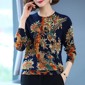 Vintage Print Džemperis Sievietēm Rudens korejas Modes Sieviešu Apģērbs, Džemperis ar garām Piedurknēm Top Pull Femme Sieviešu Džemperi 1