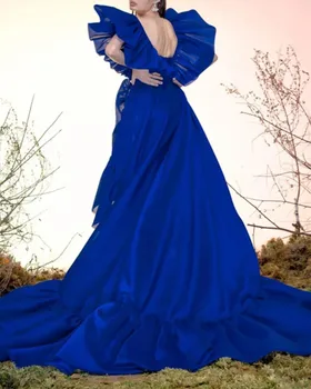 Royal Blue Slavenību Stilu Sexy Vakara Kleita Mīļotā Balli Puses Satīna Kleita ar Ruffles 2022 Jaunu Tērpu De Soirée Vestidos 1