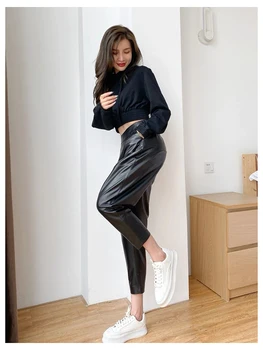 Ādas Bikses Harēma Augsti Elastīgs Viduklis Ir 2021. Jaunu korejiešu Modes Īstas Aitādas Ādas Streetwear Bikses Plus lieluma Sievietēm 1