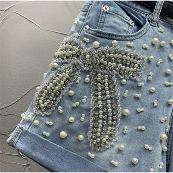 Sieviešu Džinsa Bikses Klasika Vintage Augsta Vidukļa Zila Plata Kāju Sieviešu Caual Vasaras Dāmas pērles Loku Bikses, Džinsi