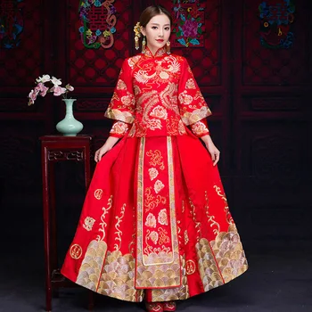 Līgava cheongsam Vintage ķīniešu stila kāzu vakara kleita apģērbu Izšūšana Phoenix Qipao kostīmu Vestidos Plus Izmērs S-5XL 1