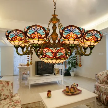 Eiropas Baroka vitrāžas E27 110-240V Pastorālo Tiffany kulons gaisma, Abažūrs lamparas de techo abajur 1