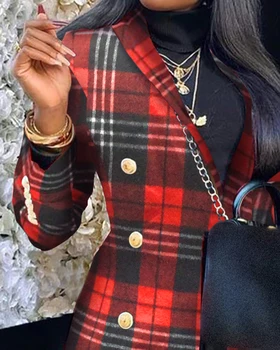 Rudenī Sieviešu Vintage Pleds Pogu Priekšpusē Žakete Ir 2021. Femme Elegants Kabatas Izstrādāta ar āķu jedām, Mētelis Biroja Dāma traf Ikdienas Tērpiem