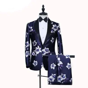 Vīriešu Zila 2 Gabali Uzvalks Iecirtums Atloks, Ziedu Drukāt Līgavainis Uzvalku Puse Balli Dziedātāja Vīriešu Skatuves Šovs Kostīms 1