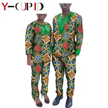 Āfrikas Drēbes Pāriem Bazin Riche Pielāgots Sieviešu Apģērbu Piedāvātos Vīriešu Tērpiem, Rhinestone Drukāt Tops un Bikses Komplekti YA72C01 1